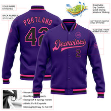 Laden Sie das Bild in den Galerie-Viewer, Custom Purple Black-Pink Bomber Full-Snap Varsity Letterman Jacket
