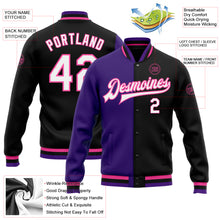 Load image into Gallery viewer, Custom Black White Purple-Pink Bomber Full-Snap Varsity Letterman Split Fashion Jacket
