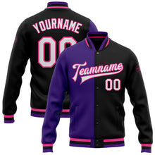 Laden Sie das Bild in den Galerie-Viewer, Custom Black White Purple-Pink Bomber Full-Snap Varsity Letterman Split Fashion Jacket
