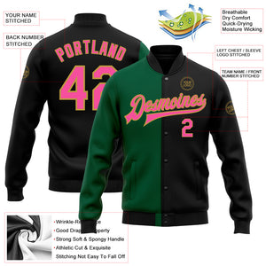 Custom Black Pink Kelly Green-Old Gold Bomber Full-Snap Varsity Letterman Split Fashion Jacket