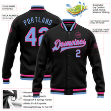 Load image into Gallery viewer, Custom Black Light Blue-Pink Bomber Full-Snap Varsity Letterman Jacket
