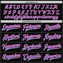 Load image into Gallery viewer, Custom Black Light Blue-Pink Bomber Full-Snap Varsity Letterman Jacket
