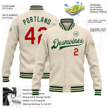Laden Sie das Bild in den Galerie-Viewer, Custom Cream Red-Green Bomber Full-Snap Varsity Letterman Jacket
