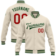 Laden Sie das Bild in den Galerie-Viewer, Custom Cream Red-Green Bomber Full-Snap Varsity Letterman Jacket
