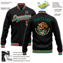 Laden Sie das Bild in den Galerie-Viewer, Custom Black Red-Kelly Green Mexico 3D Bomber Full-Snap Varsity Letterman Jacket
