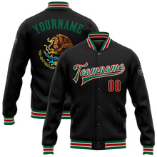 Laden Sie das Bild in den Galerie-Viewer, Custom Black Red-Kelly Green Mexico 3D Bomber Full-Snap Varsity Letterman Jacket
