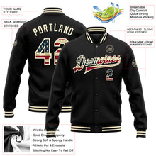 Laden Sie das Bild in den Galerie-Viewer, Custom Black Vintage USA Flag-Cream Bomber Full-Snap Varsity Letterman Jacket
