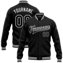 Load image into Gallery viewer, Custom Black White Bomber Full-Snap Varsity Letterman Jacket
