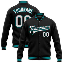 Load image into Gallery viewer, Custom Black White-Teal Bomber Full-Snap Varsity Letterman Jacket
