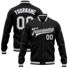 Load image into Gallery viewer, Custom Black White-Gray Bomber Full-Snap Varsity Letterman Jacket
