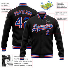Load image into Gallery viewer, Custom Black Royal-Red Bomber Full-Snap Varsity Letterman Jacket
