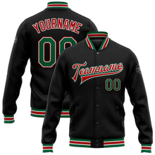 Laden Sie das Bild in den Galerie-Viewer, Custom Black Kelly Green-Red Bomber Full-Snap Varsity Letterman Jacket
