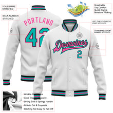 Load image into Gallery viewer, Custom White Aqua Black-Pink Bomber Full-Snap Varsity Letterman Jacket
