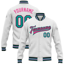 Load image into Gallery viewer, Custom White Aqua Black-Pink Bomber Full-Snap Varsity Letterman Jacket

