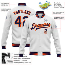 Charger l&#39;image dans la galerie, Custom White Navy-Orange Bomber Full-Snap Varsity Letterman Jacket
