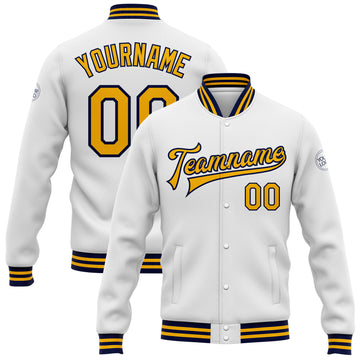 Custom White Gold-Navy Bomber Full-Snap Varsity Letterman Jacket