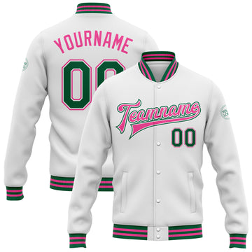 Custom White Kelly Green-Pink Bomber Full-Snap Varsity Letterman Jacket