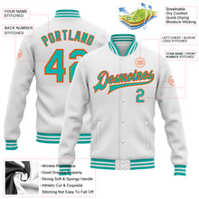 Charger l&#39;image dans la galerie, Custom White Aqua-Orange Bomber Full-Snap Varsity Letterman Jacket
