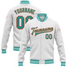 Charger l&#39;image dans la galerie, Custom White Aqua-Orange Bomber Full-Snap Varsity Letterman Jacket
