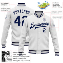 Load image into Gallery viewer, Custom White Navy-Gray Bomber Full-Snap Varsity Letterman Jacket
