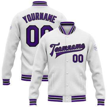 Custom White Purple-Black Bomber Full-Snap Varsity Letterman Jacket