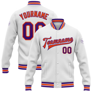 Custom White Purple-Orange Bomber Full-Snap Varsity Letterman Jacket