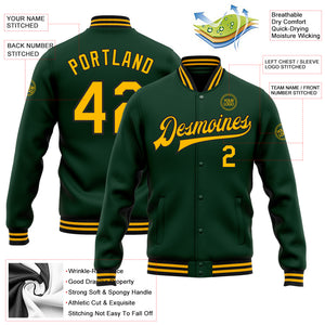 Custom Green Gold-Black Bomber Full-Snap Varsity Letterman Jacket