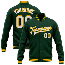 Laden Sie das Bild in den Galerie-Viewer, Custom Green White-Gold Bomber Full-Snap Varsity Letterman Jacket
