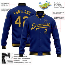 Laden Sie das Bild in den Galerie-Viewer, Custom Royal Old Gold-Black Bomber Full-Snap Varsity Letterman Jacket
