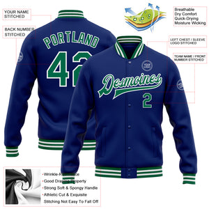 Custom Royal Kelly Green-White Bomber Full-Snap Varsity Letterman Jacket