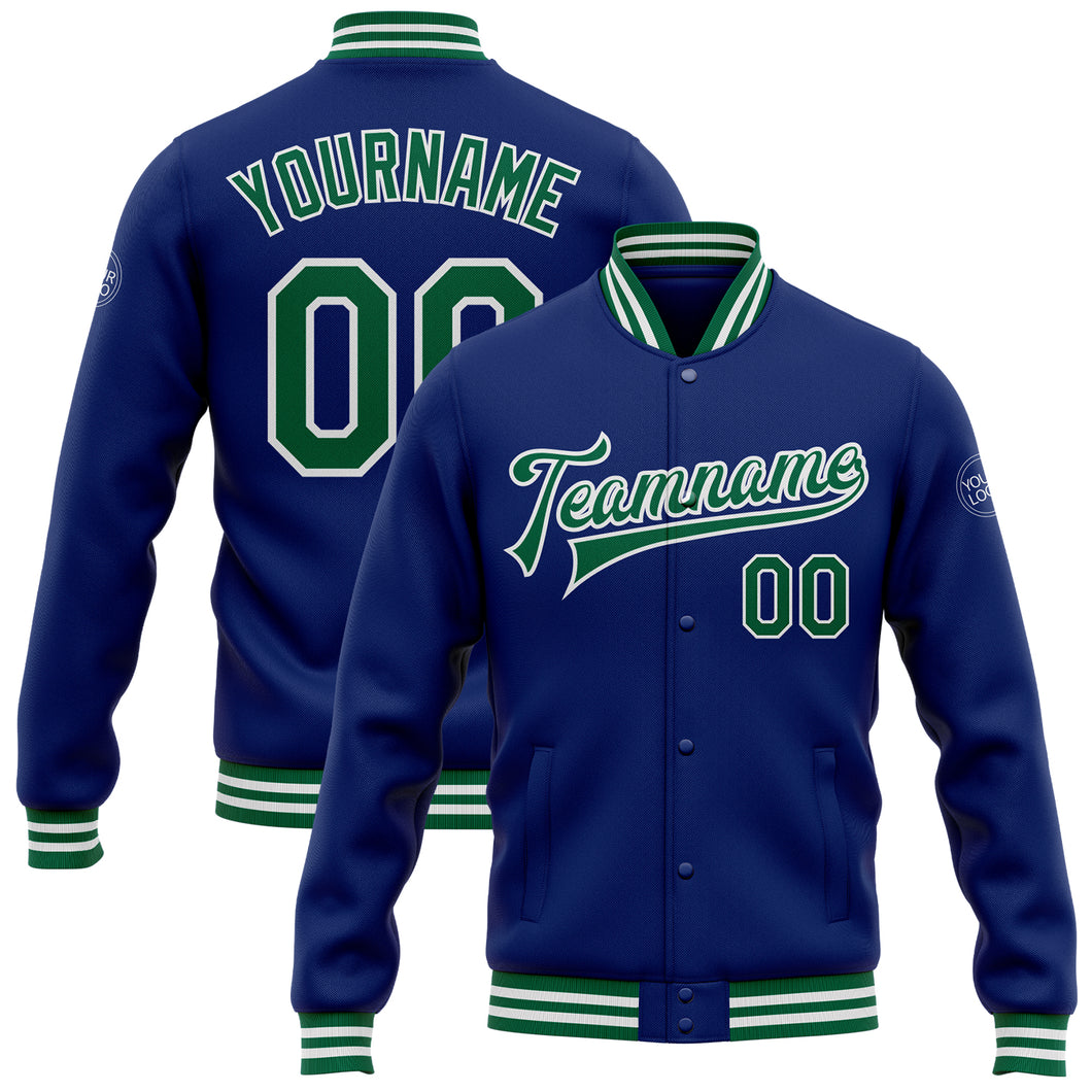 Custom Royal Kelly Green-White Bomber Full-Snap Varsity Letterman Jacket