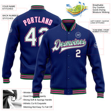 Load image into Gallery viewer, Custom Royal White Kelly Green-Pink Bomber Full-Snap Varsity Letterman Jacket
