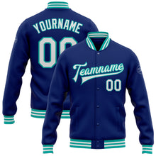 Laden Sie das Bild in den Galerie-Viewer, Custom Royal White-Aqua Bomber Full-Snap Varsity Letterman Jacket
