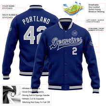 Laden Sie das Bild in den Galerie-Viewer, Custom Royal Gray-Navy Bomber Full-Snap Varsity Letterman Jacket
