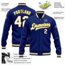 Laden Sie das Bild in den Galerie-Viewer, Custom Royal White-Yellow Bomber Full-Snap Varsity Letterman Jacket
