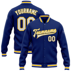 Custom Royal White-Yellow Bomber Full-Snap Varsity Letterman Jacket