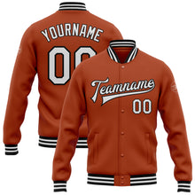 Laden Sie das Bild in den Galerie-Viewer, Custom Texas Orange White-Black Bomber Full-Snap Varsity Letterman Jacket
