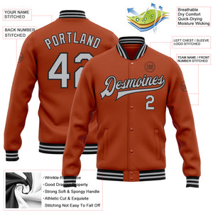 Custom Texas Orange Gray-Black Bomber Full-Snap Varsity Letterman Jacket