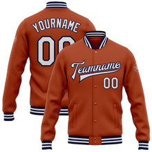 Laden Sie das Bild in den Galerie-Viewer, Custom Texas Orange White-Navy Bomber Full-Snap Varsity Letterman Jacket
