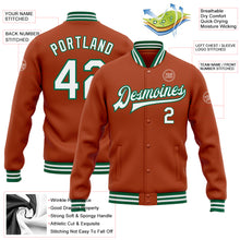 Laden Sie das Bild in den Galerie-Viewer, Custom Texas Orange White-Kelly Green Bomber Full-Snap Varsity Letterman Jacket
