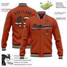 Laden Sie das Bild in den Galerie-Viewer, Custom Texas Orange Vintage USA Flag Black-Cream Bomber Full-Snap Varsity Letterman Jacket
