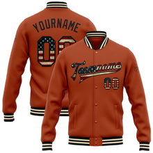 Laden Sie das Bild in den Galerie-Viewer, Custom Texas Orange Vintage USA Flag Black-Cream Bomber Full-Snap Varsity Letterman Jacket
