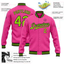 Загрузить изображение в средство просмотра галереи, Custom Pink Neon Green-Black Bomber Full-Snap Varsity Letterman Jacket
