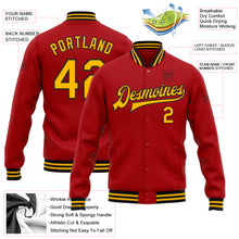 Load image into Gallery viewer, Custom Red Gold-Black Bomber Full-Snap Varsity Letterman Jacket

