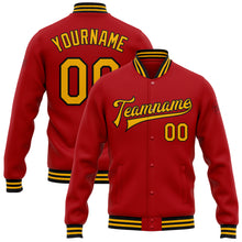 Load image into Gallery viewer, Custom Red Gold-Black Bomber Full-Snap Varsity Letterman Jacket
