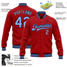 Laden Sie das Bild in den Galerie-Viewer, Custom Red Light Blue-Navy Bomber Full-Snap Varsity Letterman Jacket
