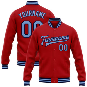 Custom Red Light Blue-Navy Bomber Full-Snap Varsity Letterman Jacket