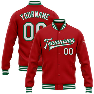 Custom Red White-Kelly Green Bomber Full-Snap Varsity Letterman Jacket