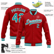 Laden Sie das Bild in den Galerie-Viewer, Custom Red Teal-White Bomber Full-Snap Varsity Letterman Jacket
