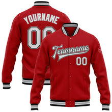 Laden Sie das Bild in den Galerie-Viewer, Custom Red White Black-Gray Bomber Full-Snap Varsity Letterman Jacket
